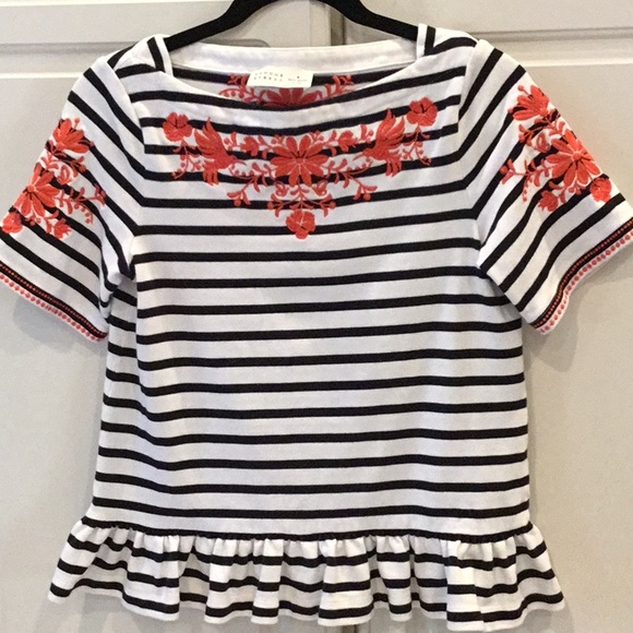 Kate Spade Black/White Striped & Embroidered Top - Picture 6 of 7